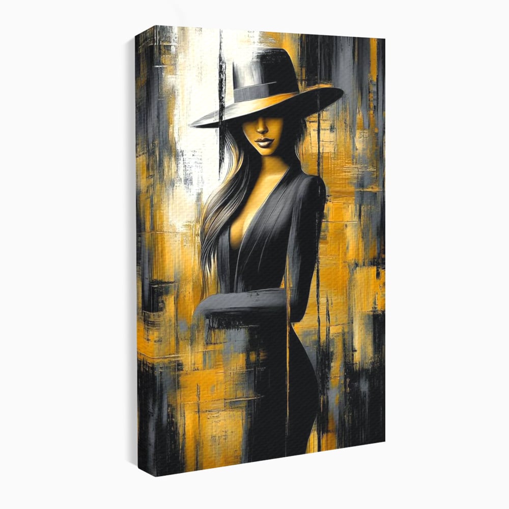 Tablou canvas cu tablou canvas cu silueta feminina si palarie, fara rama, pe sasiu de lemn